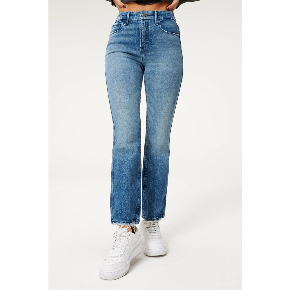 Good American Good Curve Straight Leg Jeans High Rise Denim Fray Hem Blu…